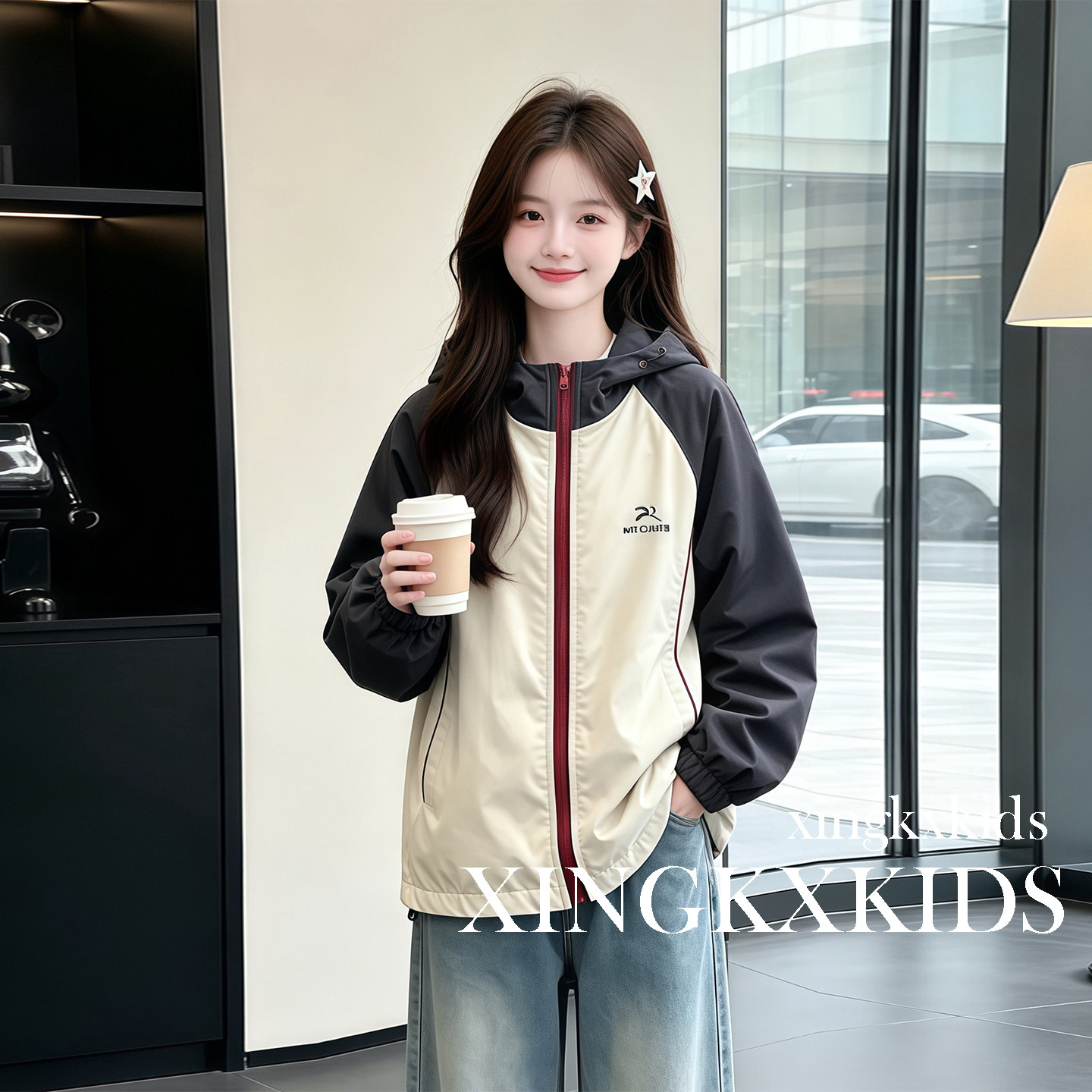 女童春秋撞色连帽冲锋衣