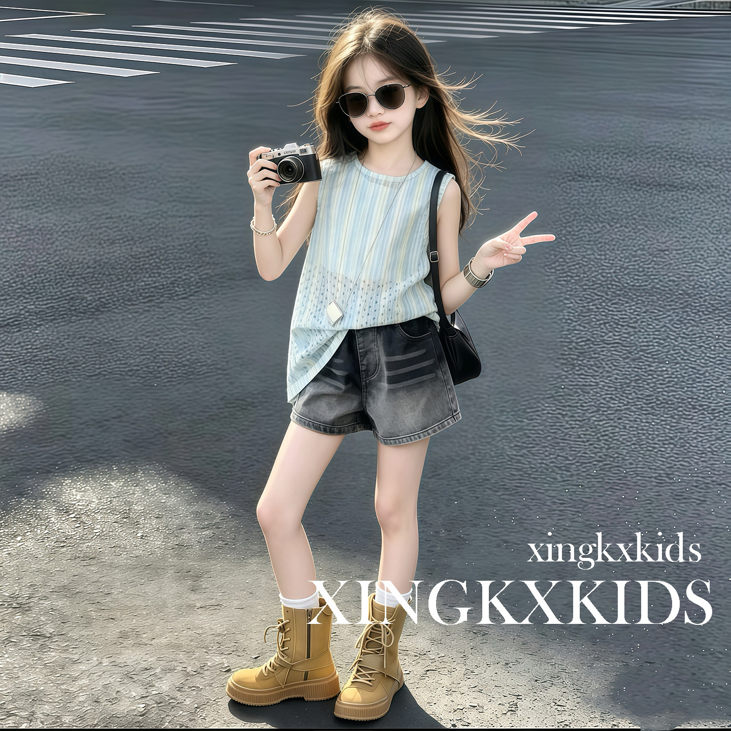 女童夏季无袖条纹短裤两件套
