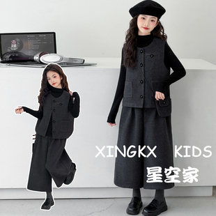 女童韩系套装秋冬装2026新款女孩大童加厚呢子马甲阔腿裤三件套潮