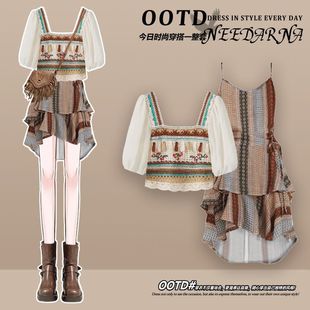 进口夏季 上衣波西米亚吊带连衣裙显瘦两 一整套穿搭女民族风短袖