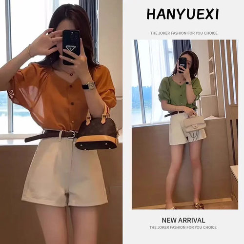 进口夏日ootd穿搭百搭气质显瘦V领短袖衬衫女宽松高腰休闲短裤