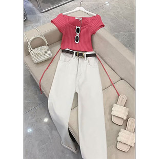 韩版 女2024新款 设计感针织修身 显瘦短袖 进口夏季 高腰牛仔裤 套装