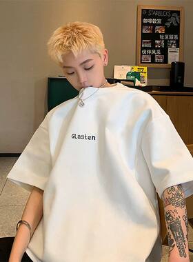 进口基础白色重磅麂皮绒男t恤夏季百搭美式三本针短袖潮牌七分体