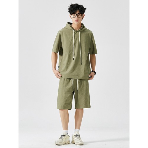 进口皱感梭织连帽冰丝短袖T恤男士2025夏季新款潮流宽松休闲运