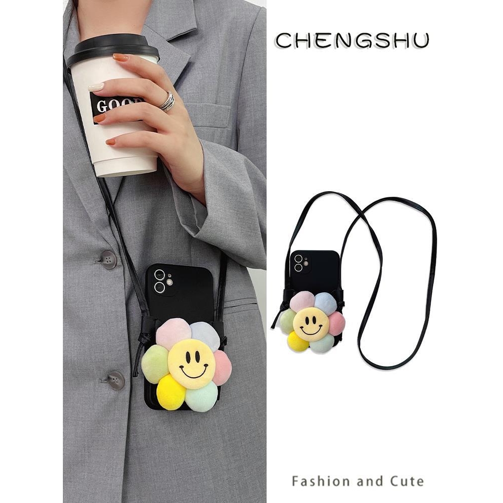 进口橙树原创iphone13promax手机壳卡包毛绒笑脸花朵适用苹果14带挂绳