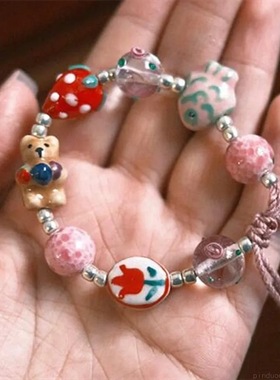 进口夏日甜心小棕熊手链可爱百搭编织串珠手串ins风小众设计彩