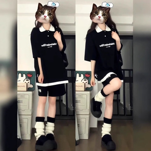 进口美式复古撞色POLO领时尚衣服女套装夏季新款学生韩版宽松两