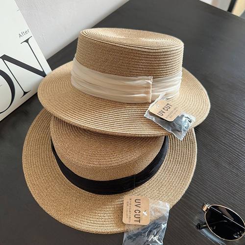 进口欧根纱法式平顶遮阳草帽女夏季海边度假太阳帽子显脸小细草