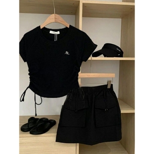 气质抽绳上衣工装 进口夏季 韩版 设计穿搭女2023新款 短裙显瘦 时尚