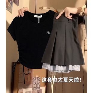 韩版 女2024新款 洋气减龄上衣设计感百褶裙显瘦 胖mm夏装 进口大码