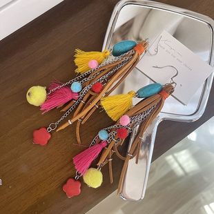 流苏耳环耳 皮革多巴胺长款 进口baby同款 波西米亚名族风复古个性