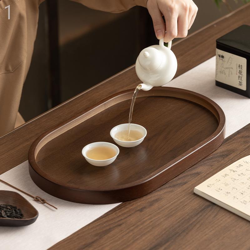 胡桃色竹制椭圆形提手托盘复古简约茶具收纳盘便携式
