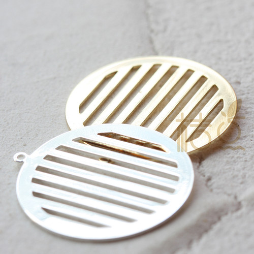 DIY饰品黄铜配件 27*25mm 镀厚金银圆片条纹 铜片耳饰挂头(4370C)