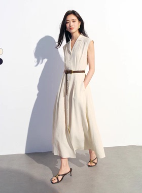 朱珠代言伊家天丝亚麻藏青V领显瘦通勤连衣裙赠腰带2026夏季