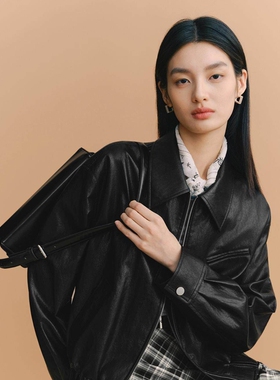 伊芙丽廓形短款翻领皮衣短外套2026春季新款时髦休闲帅气外套女