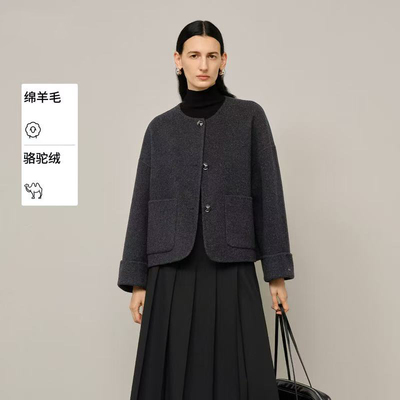 MM家2025冬季装新款气质灰色纯羊毛双面呢毛呢大衣呢子外套短款女