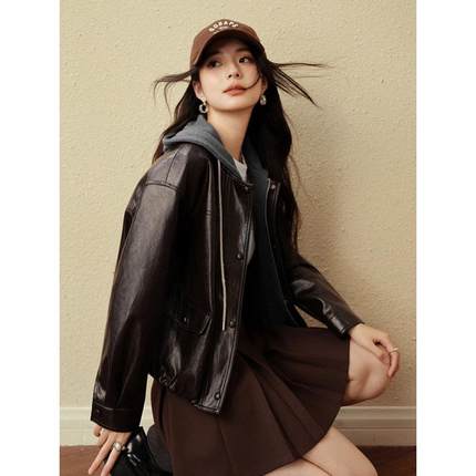 诗家假两件连帽皮衣2025秋新款设计感休闲夹克短外套7G8310271