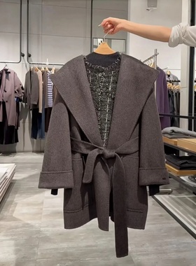 MM麦家优雅风连帽羊毛中长款毛呢大衣女收腰外套冬季5GA170835