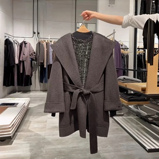 MM麦家优雅风连帽羊毛中长款毛呢大衣女收腰外套冬季5GA170835