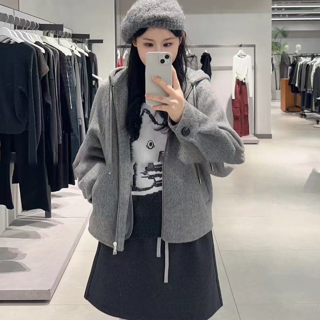 【商场同款】MM麦檬2025秋冬新款浅灰毛呢外套大衣上衣4FA170571