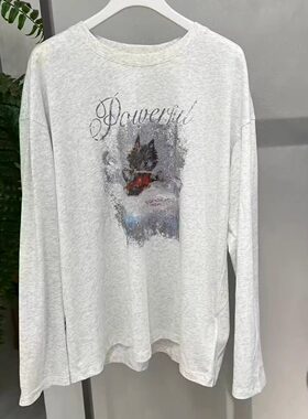 麦檬2026春季新款时尚浅灰色印花长袖T恤上衣女打底衫4H4101741