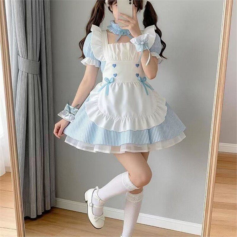 爆款2026新款蓝粉绿条女仆裙软妹Lolita制服纯欲风泡泡袖围裙套装