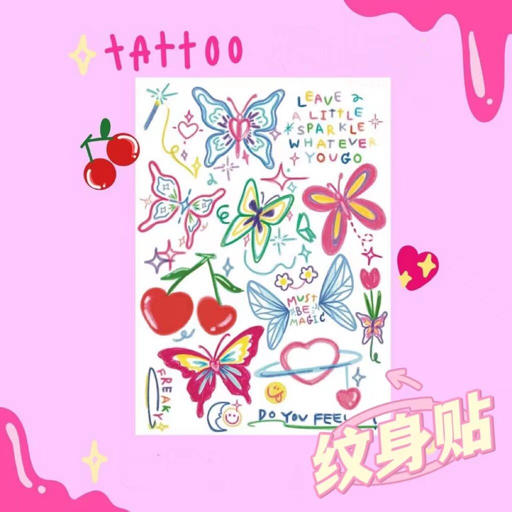 蝴蝶樱桃线条彩色泫雅风ins网红纹身贴 防水持久新款女夏季花臂潮