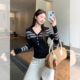 内搭打底衫 辣妹条纹拼接POLO领纽扣长袖 修身 女2026秋季 上衣 针织衫
