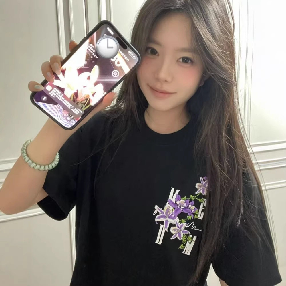 双刺绣短袖t恤女 夏季国潮美式植物花卉刺绣高街情侣学生宽松上衣