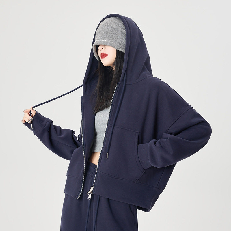 藏青色拉链连帽卫衣女春秋季小个子韩版宽松显瘦休闲外套百搭上衣
