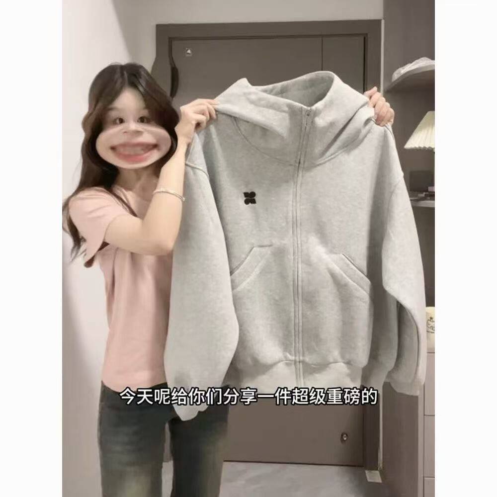 灰色正肩短款卫衣外套女春秋季修身美式复古新款辣妹连帽开衫上衣