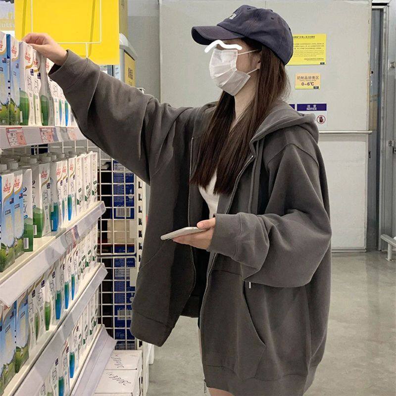 韩版oversize连帽开衫卫衣宽松外套女秋冬季加绒加厚上衣女慵懒风