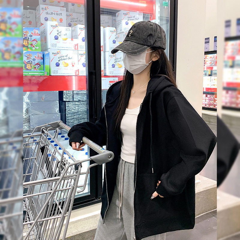 黑色卫衣挂面款外套女春秋款26美式连帽宽松运动拉链开衫薄款上衣