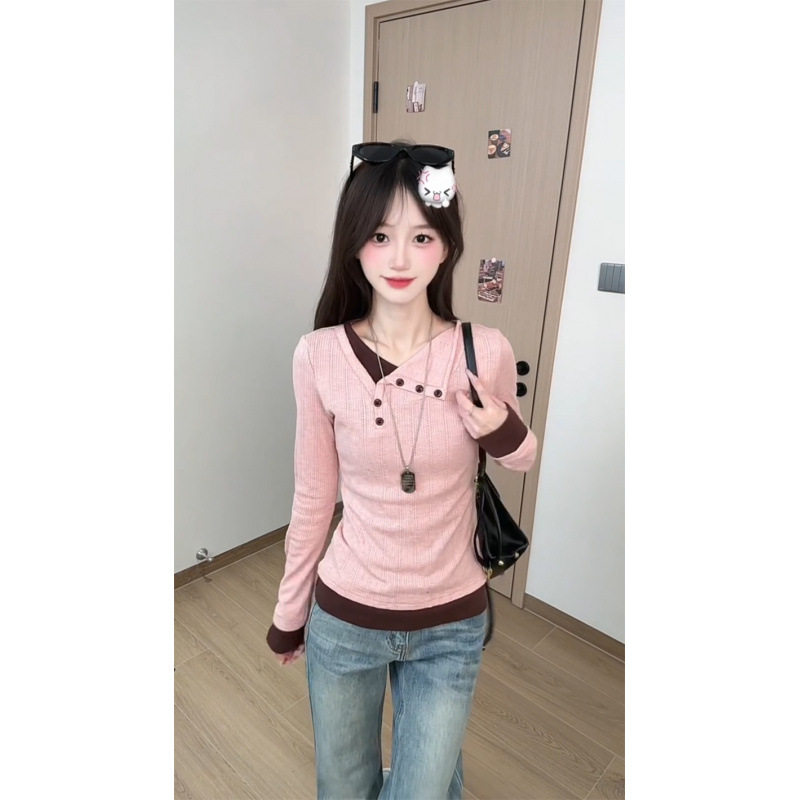 粉色假两件长袖针织衫女2026初春季miu系不规则纽扣设计感v领上衣