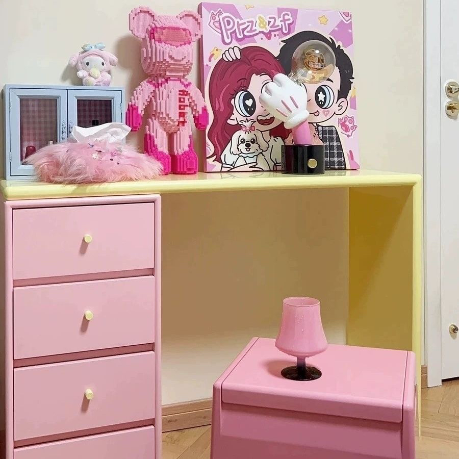 实木斗柜化妆台一体樱花粉撞色多巴胺柜子储物柜吧台网红定制卧室