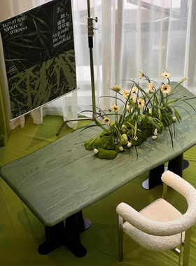 中古风实木异形餐桌家用小户型设计师桌子绿色复古办公书桌工作台