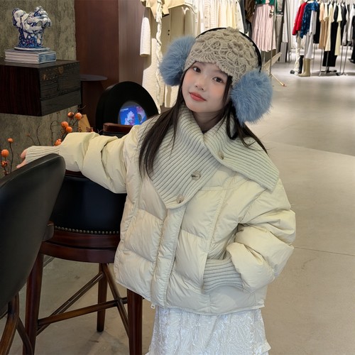 韩版2025冬款女童洋气针织拼接围巾白鸭绒外套羽绒服儿童面包服潮