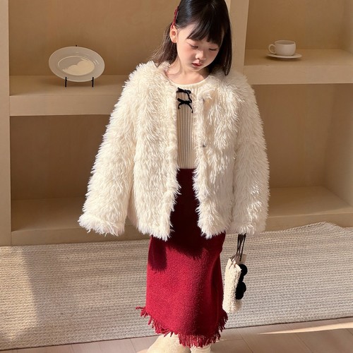 韩版时髦皮草外套女童洋气夹棉加厚中长款棉衣外套儿童毛毛大衣潮