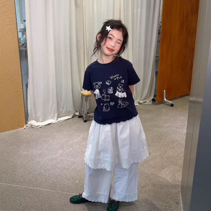 韩国童装女童2026夏款木耳边T恤休闲上衣儿童白色百搭假两件裙裤图片