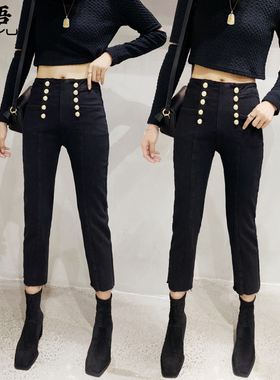 春秋新款黑色双排扣紧身小脚直筒裤女高腰显瘦弹力微喇九分潮百搭