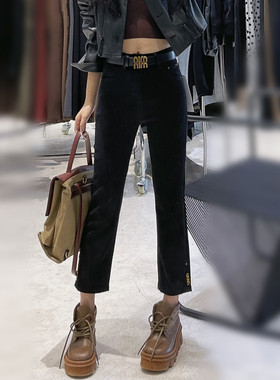 秋冬新款黑色牛仔烟管裤女加绒八分高腰大码直筒裤法棍裤子烟筒裤