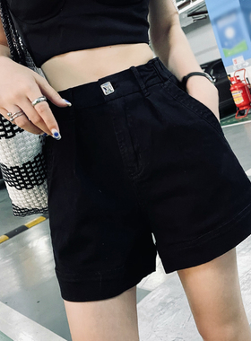 黑色阔腿牛仔短裤女夏宽松高腰大码显瘦休闲A字外穿热裤三四分裤