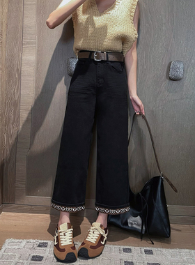 秋季新款黑色阔腿牛仔裤女高腰显瘦小个子九分休闲窄版直筒法棍裤