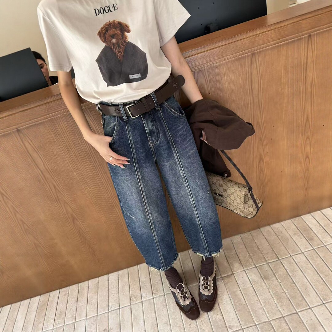 秋冬新款复古蓝高腰阔腿牛仔裤女