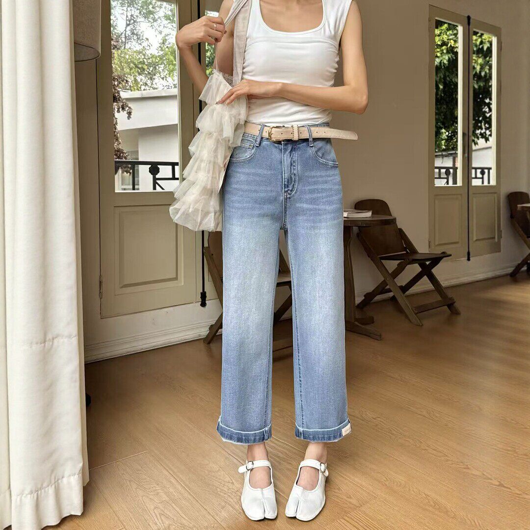 蓝色直筒牛仔裤女窄版小个子宽松高腰九分休闲阔腿法棍裤子烟管裤