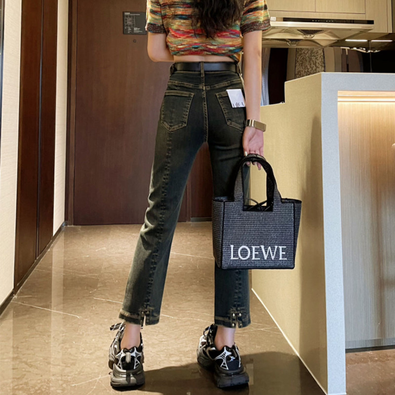 欧货春秋新款复古蓝色牛仔烟管裤女修身八九分小个子窄版直筒裤子