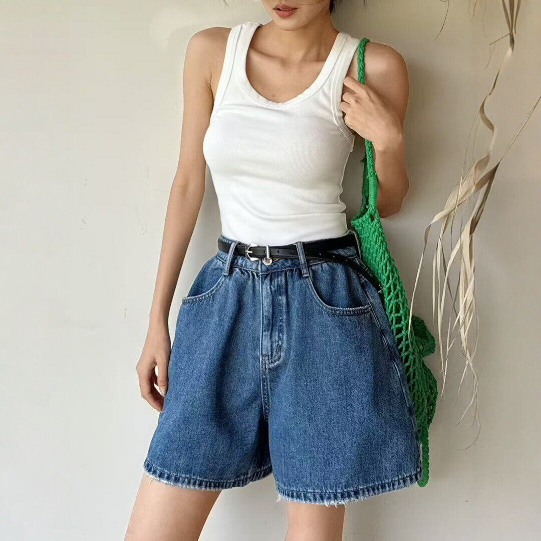 夏季薄款高腰阔腿牛仔短裤女蓝色