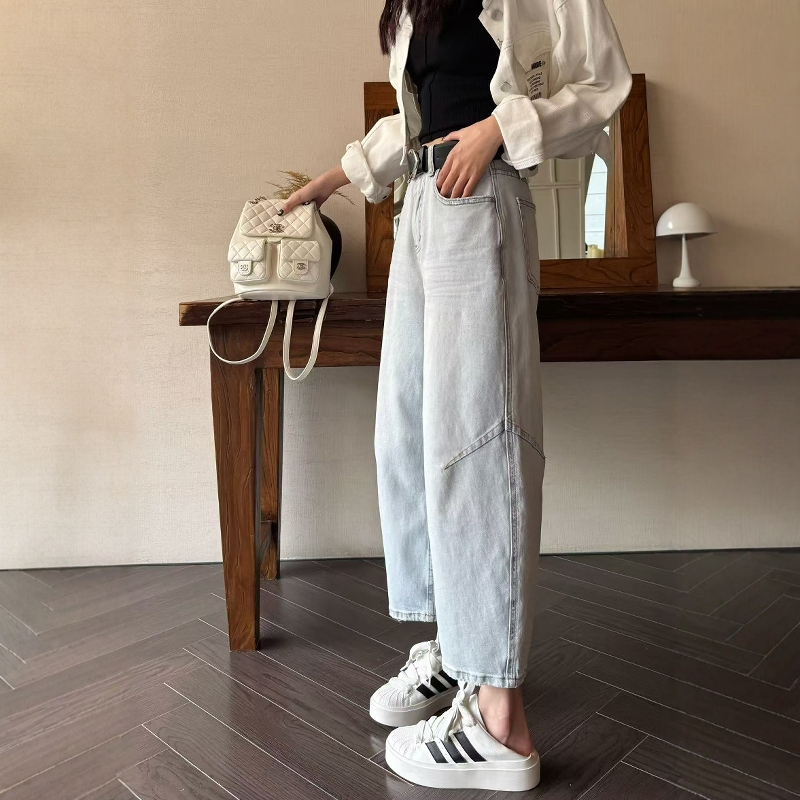 2025春季新款浅蓝色阔腿牛仔裤女窄版直筒九分小个子弯刀裤奶奶裤