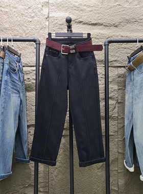 稻语冬季新款黑色加绒牛仔直筒裤女宽松高腰九分小个子阔腿法棍裤