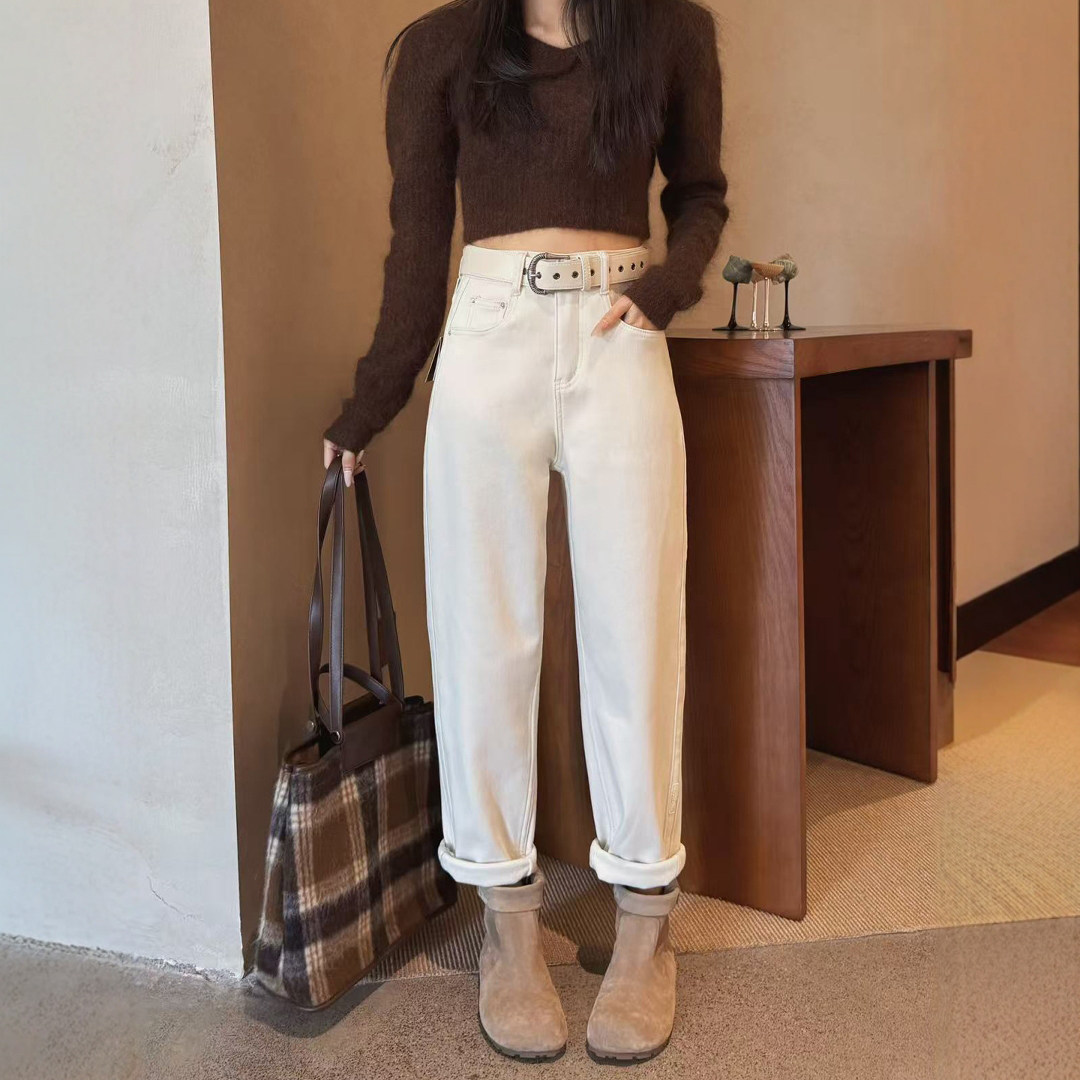 秋冬新款杏色加绒牛仔裤女高腰